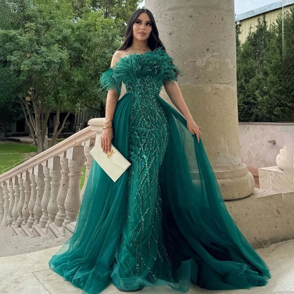 Serene Hill LA71634 Dubai Luxury Green Beaded Feathers Mermaid Evening Dress with Overskirt Wedding Party Gowns for Women