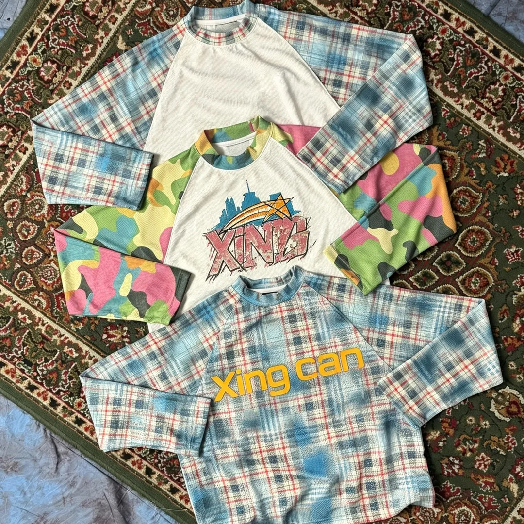 Hurtowa koszulka z długim rękawem w technice patchwork, z blokami kolorów i rękawem raglan, 100% bawełna, uliczna góra męska, producent odzieży ulicznej