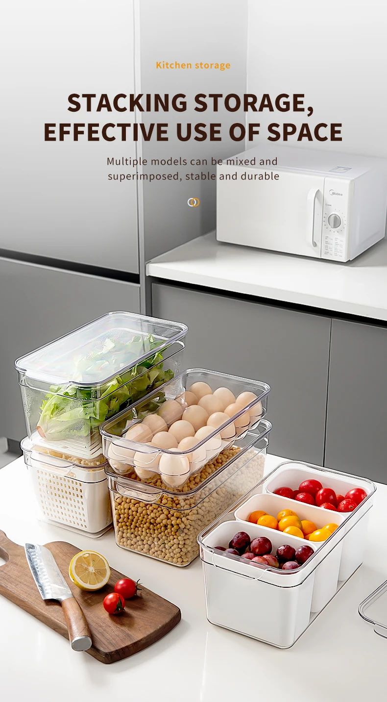 Buy Wholesale China 4 Pack Plastic Clear Produce Saver Container, Vegetable  Fruit Storage Kitchen Organizer Bins Fridge Container Box With Divider &  Fridge Organizer Bins Microwavable Plastic Food at USD 2.33