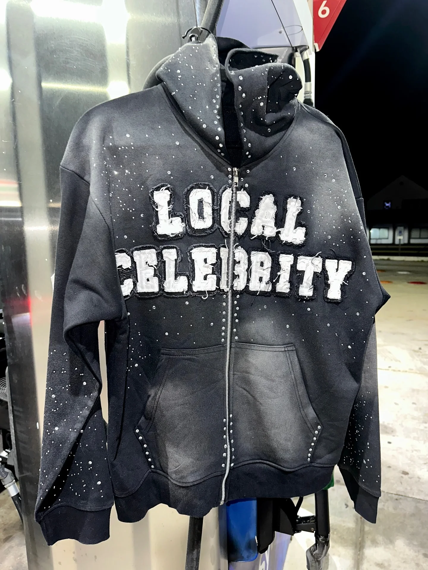 Custom Applique Embroidery Distressed Hoodie Rhinestone Zip up Hoodies Acid Washed Vintage Wash Men Streetwear Hoodie gallery 2