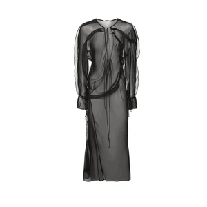 Factory Custom 2024 New Pleated Transparent Long-sleeved Dress