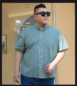 Summer 100%cotton Green Plaid Shirt Slim Plus Size Short Sleeve Shirt Men's Casual Summer Clothes for Men