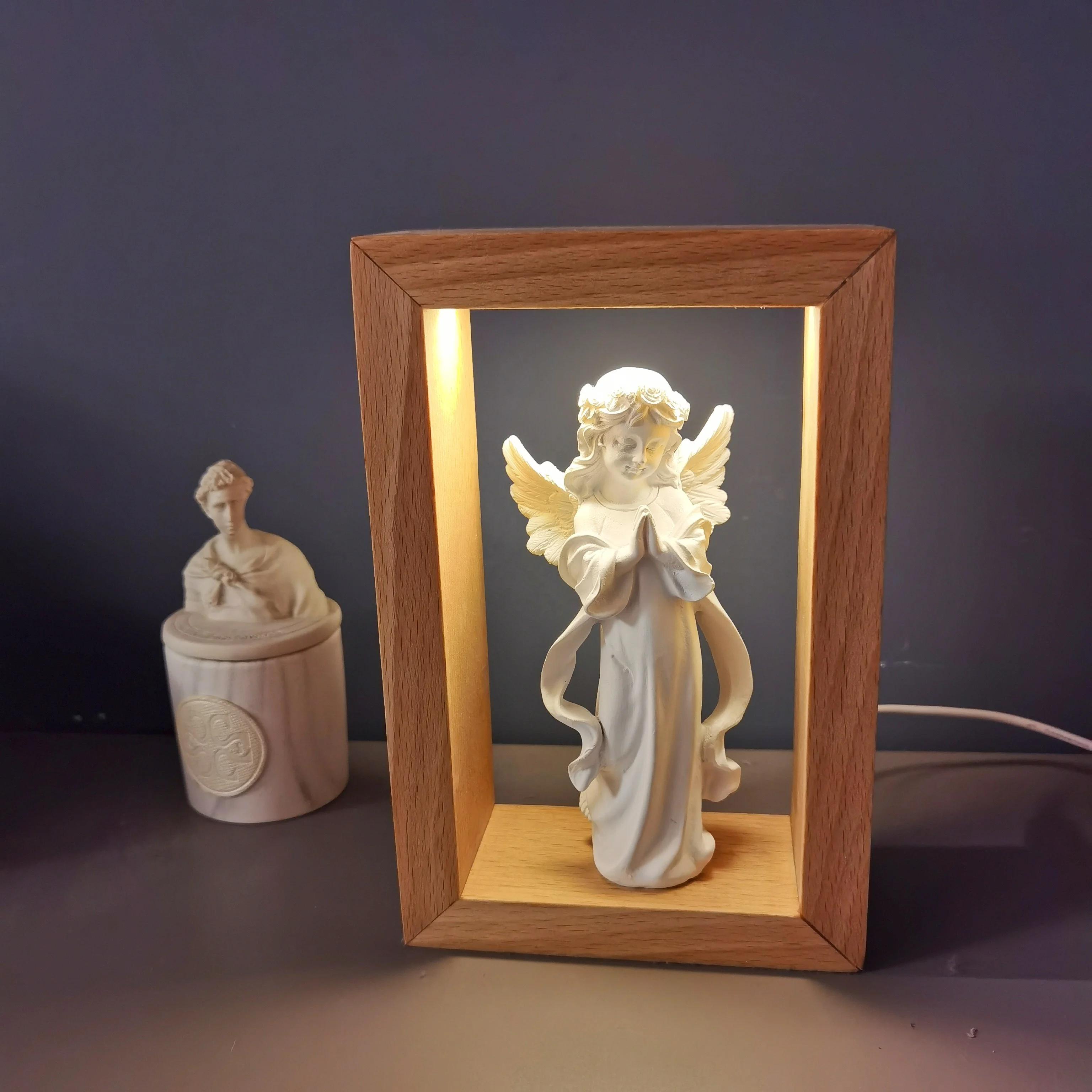 Wood Frame Resin Angel Statue Religious Night Light Dimmable Usb
