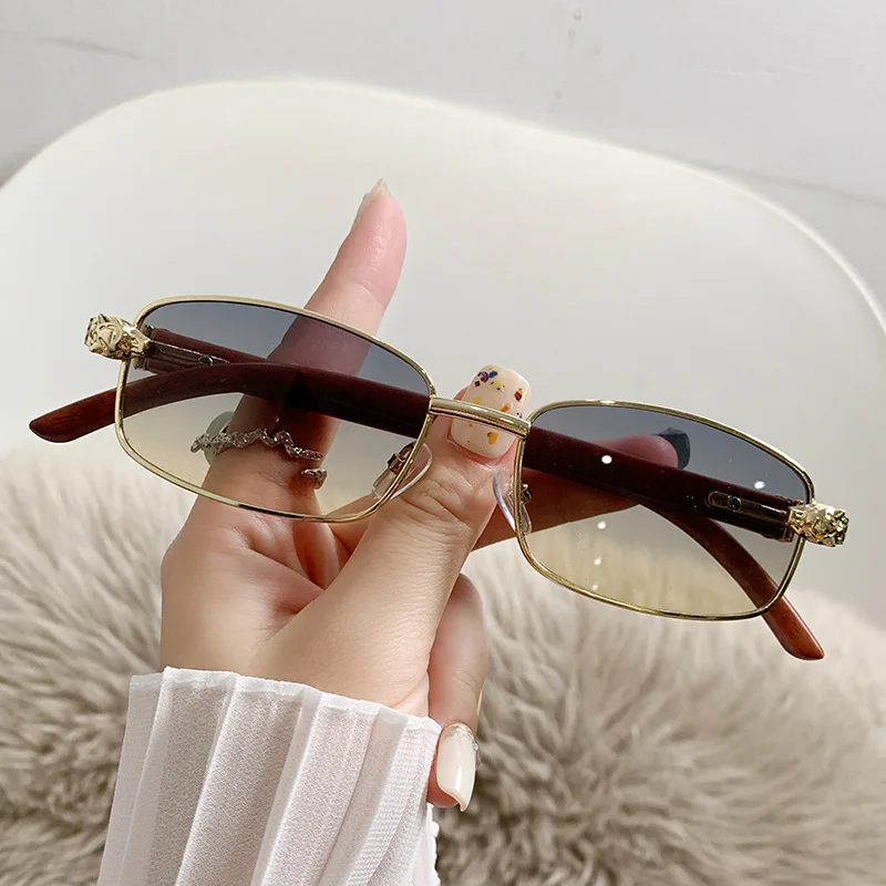 Metal Small Square Frame Gold Leopard Head Men's Sunglasses Women 2024 Chic  Wood Grain Luxury Designer UV400 High Quality Shades