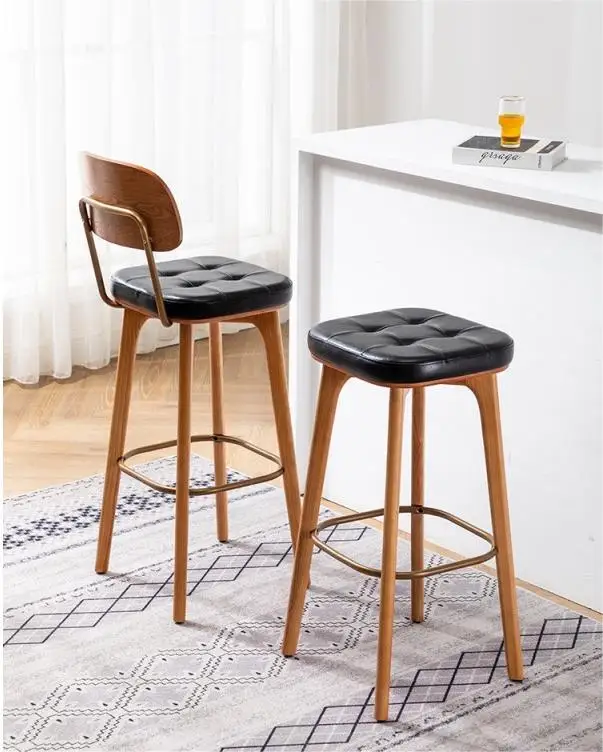 Modern Wooden Pu Leather Bar Counter Retro High Chair Light Luxury