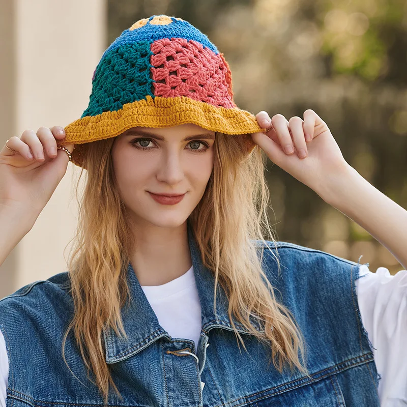 Women Crochet Bucket Hat Cute Flower Pattern Knitted Fisherman Hat