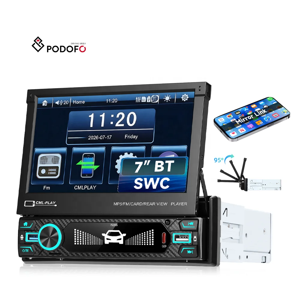Podofo 7 Inch 1 Din Car MP5 Player Car Stereo IPS SWC USB/Type-C/BT/EQ/FM Phone Link  OEM & ODM Services Manufacturer FCC A4742