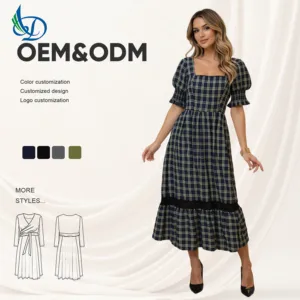 Customized A-line Maxi Dress, Regular square Collar Dress, Summer Retro Printing Technology
