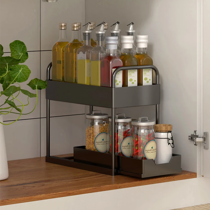 Scaffale A 2 Livelli Scorrevole Per Sotto Lavello In Acciaio Inox - Organizzatore Per Cucina E Spezie - Nero