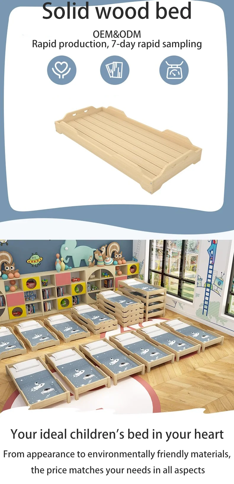 Kids Solid Wooden Single Bed For Kindergarten Kids Resting Bed Daycare