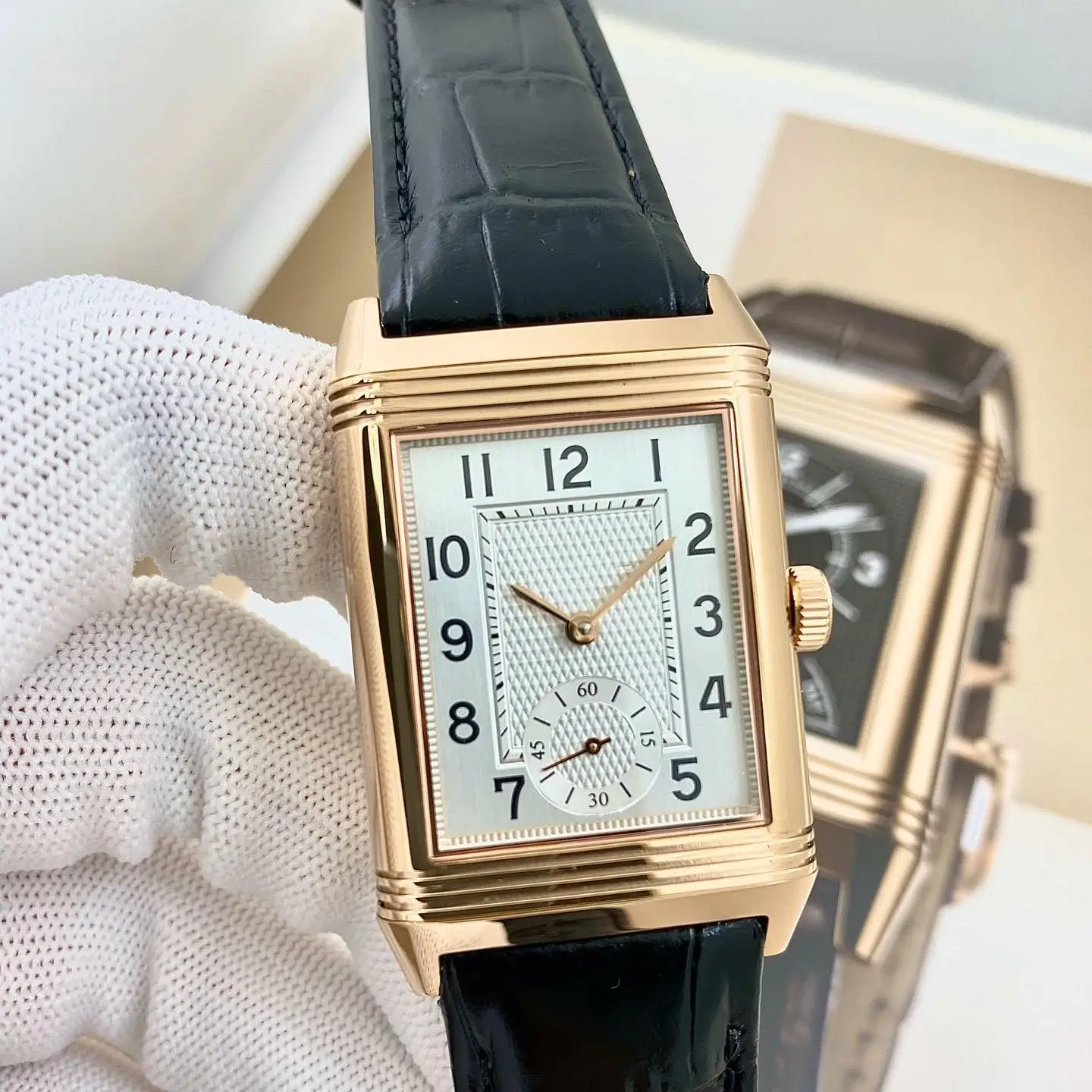 Reversible Watch Luxury Men's Watch Reverso Flip Luxury Mechanical Watch Leather Strap ...