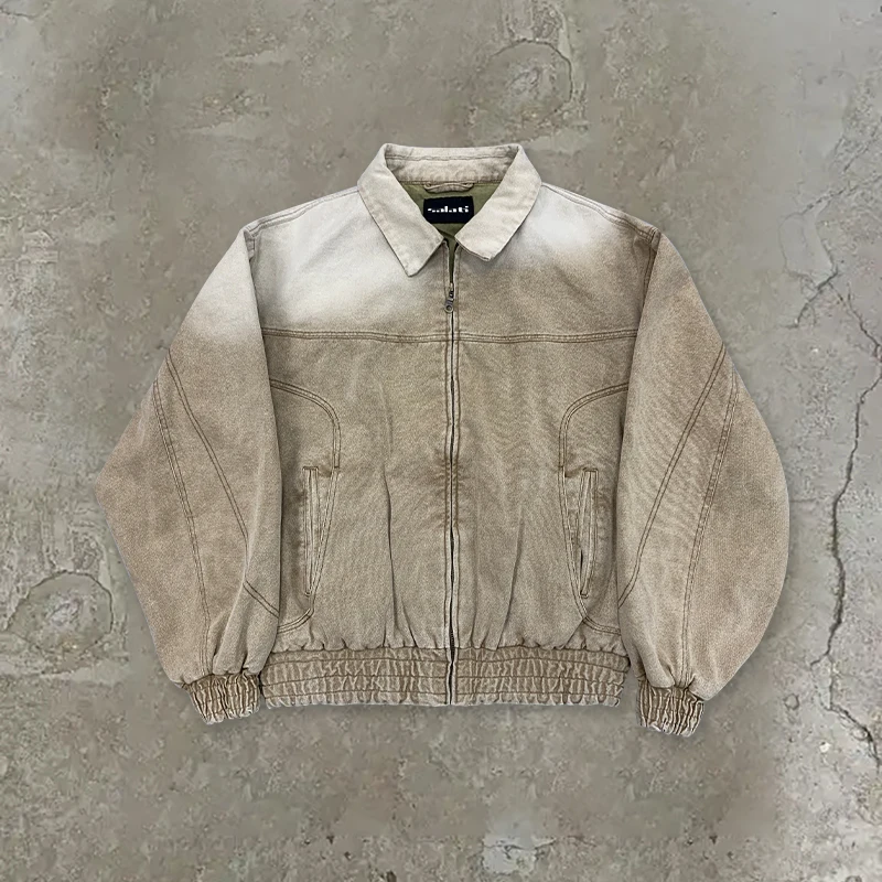 Customized Workwear Jacket Zip up Cotton Duck Canvas Faded Acid Wash Distressed Vintage Carpenter Detroit Work Bomber Jacket Men gallery 7