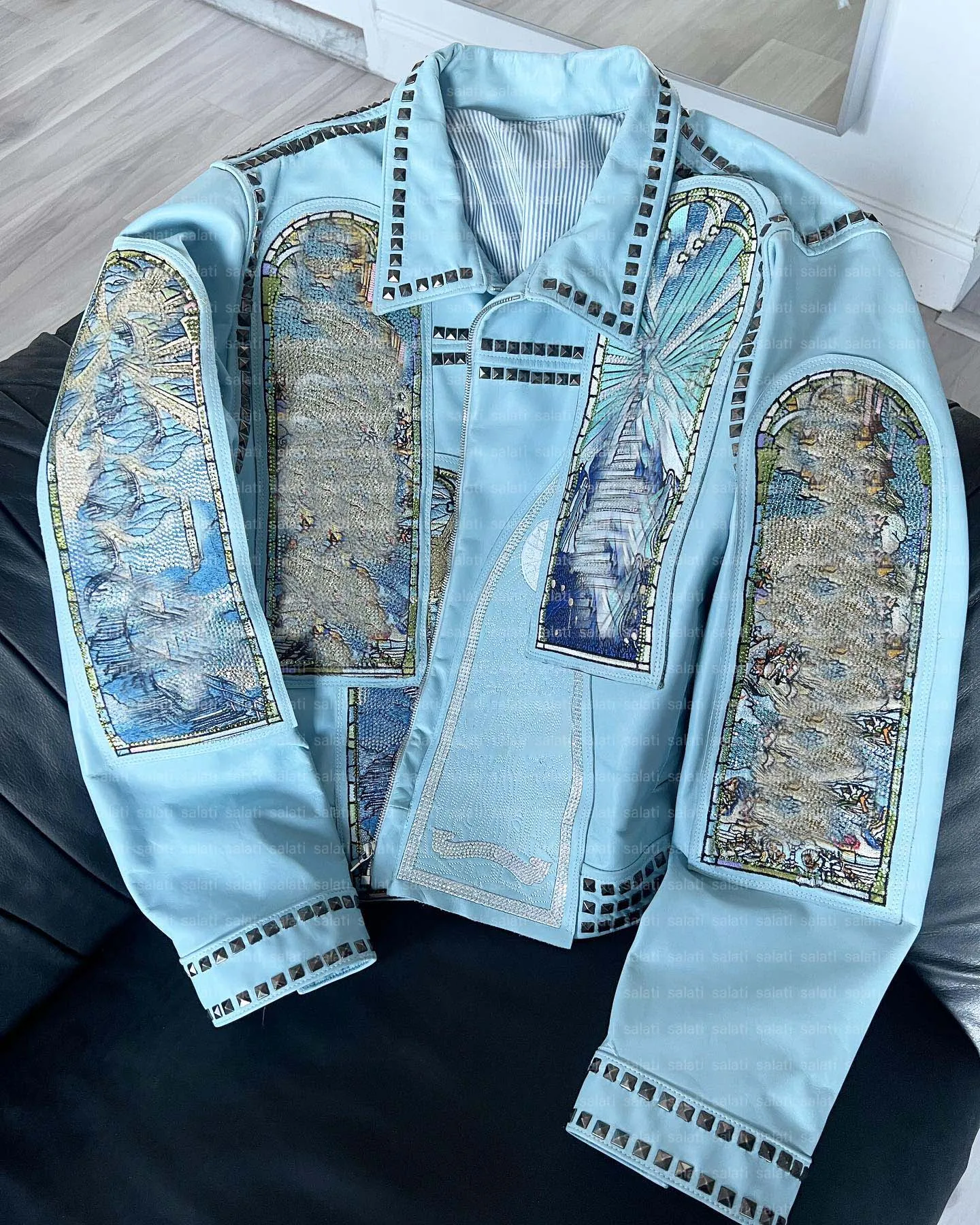 Custom Luxury Men's Bomber Jacket Salati PU Crop with Embroidery Rhinestone Print Winter Zip-up Biker Style gallery 6