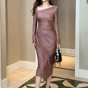 ZYHT 31011 New Design Skinny Sexy Mature Purple Elegant Dress for Women Party Luxury Beaded Women's Dresses Winter