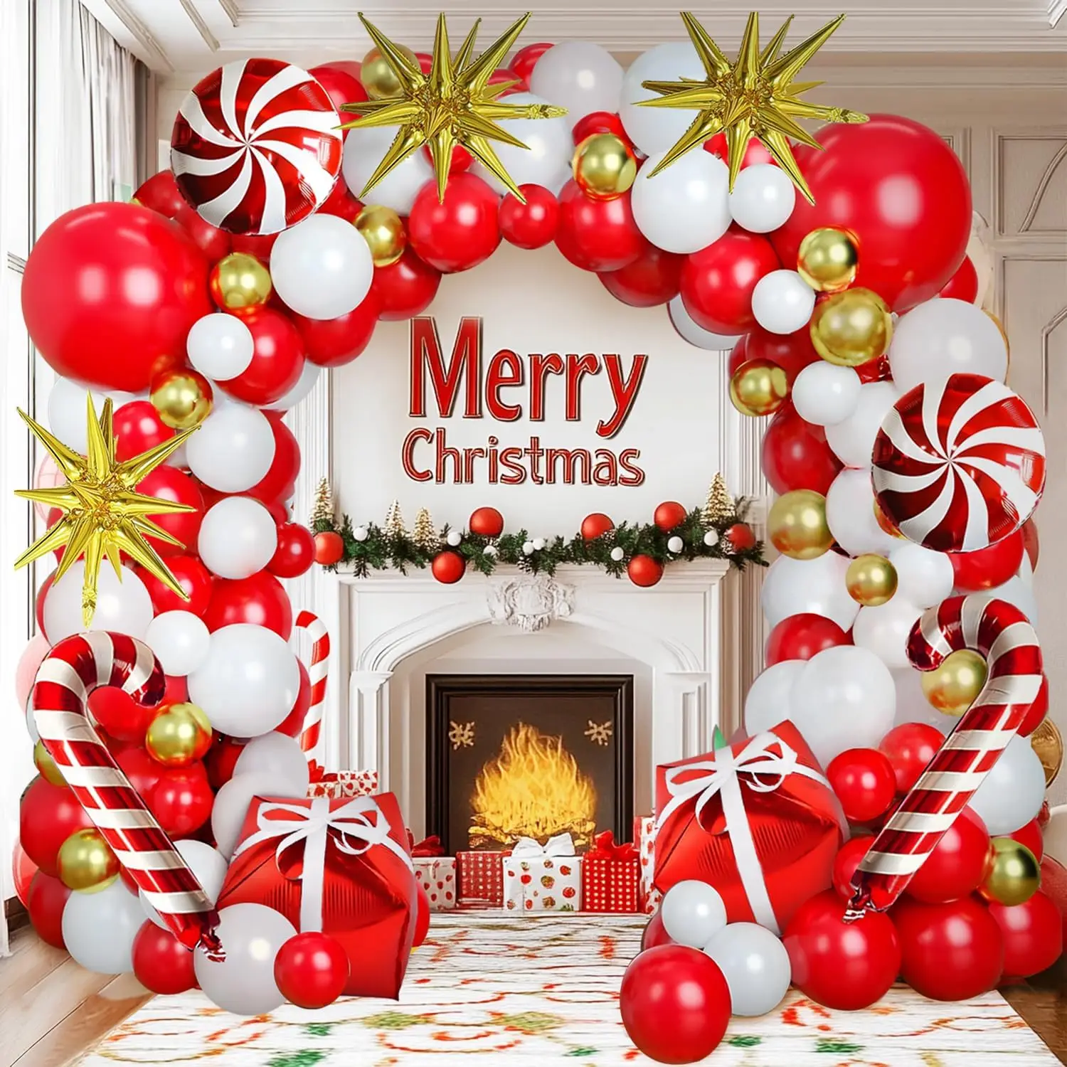138 Pcs Christmas Balloons Garland Arch Kit Red White Gold Latex Balloon Foil Balloons for Christmas New Year