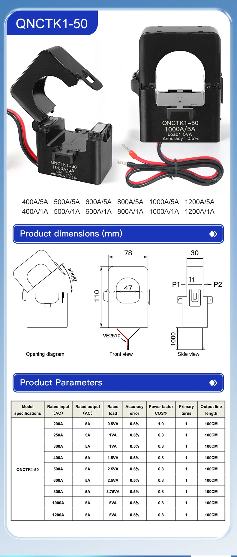 Split Core Current Transformer QNCTK1-36 300/5 400/5 500A 600A 5A 0.5 Class Current Sensor Open Type Current Transducer Clamp Ct