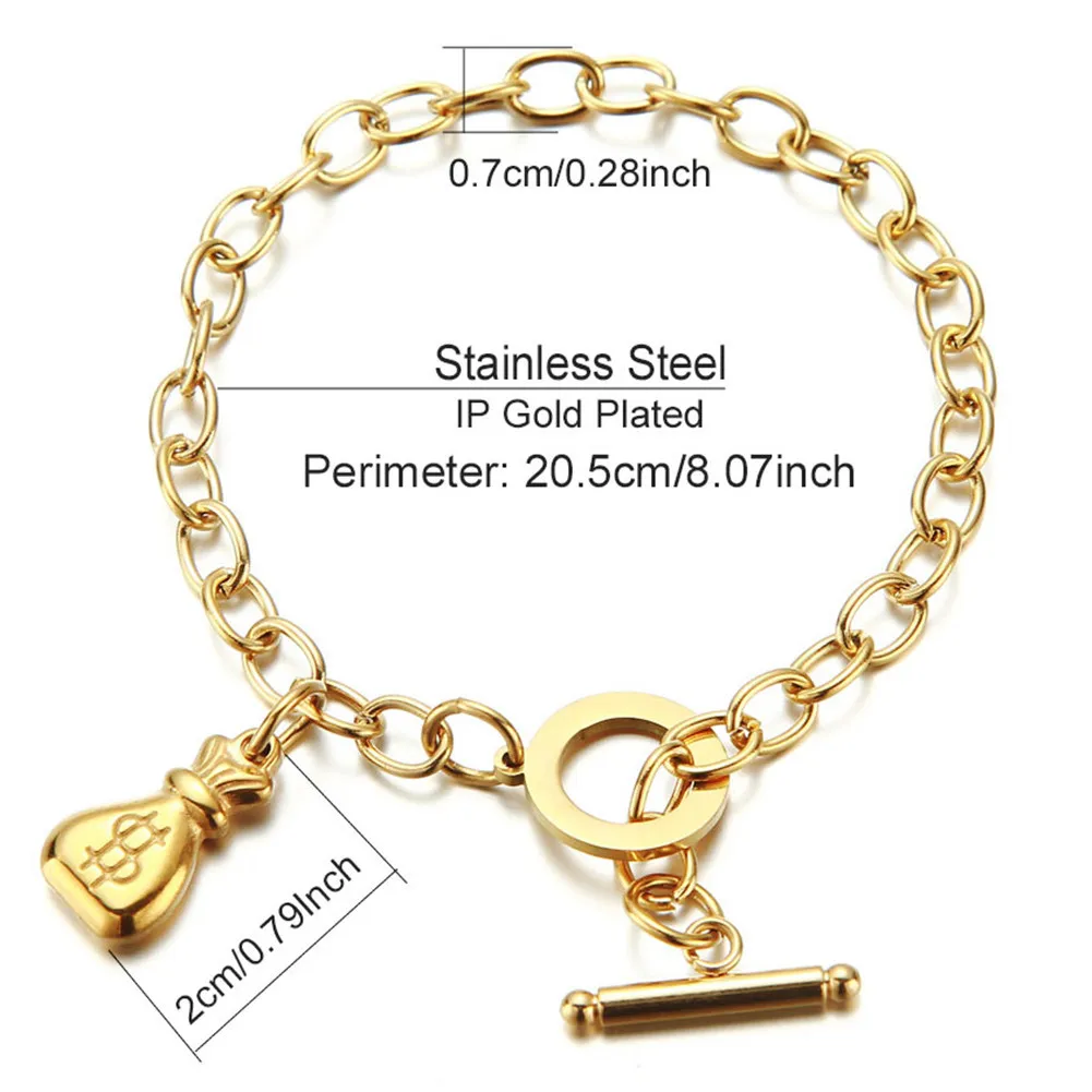 Stainless Steel Chain OT Clasp Toggle Bracelet Purse Dollar Symbol Ankh Charm Bracelet for Women Men Cross Jewelry