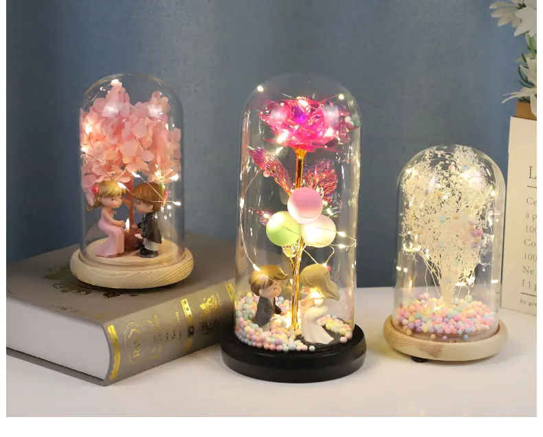 Love Valentine's Day Gift Wholesale Decoration Romantic Eternal Flower Preserved Lighted LED With Roses In Glass Dome Gift manufacture