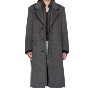 Women Long Winter Wool Coat with Padded Shoulder Single-Button Closure Windproof and Breathable Slaph Tops Design Notched Lapel