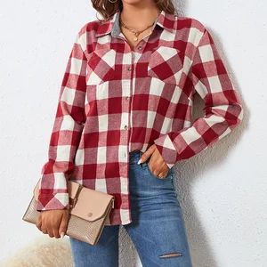 Women's Casual Long Sleeve Flannel Top for Spring Autumn Large Plaid Shirt Front Logo Woven Simple Design for Office Occasions