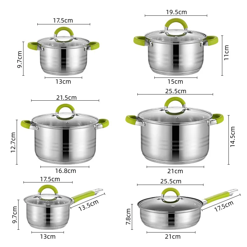 Набор кухонной посуды из нержавеющей стали, 12 шт., новый дизайн, силиконовая антипригарная ручка, кухонная посуда, набор с антипригарной сковородкой