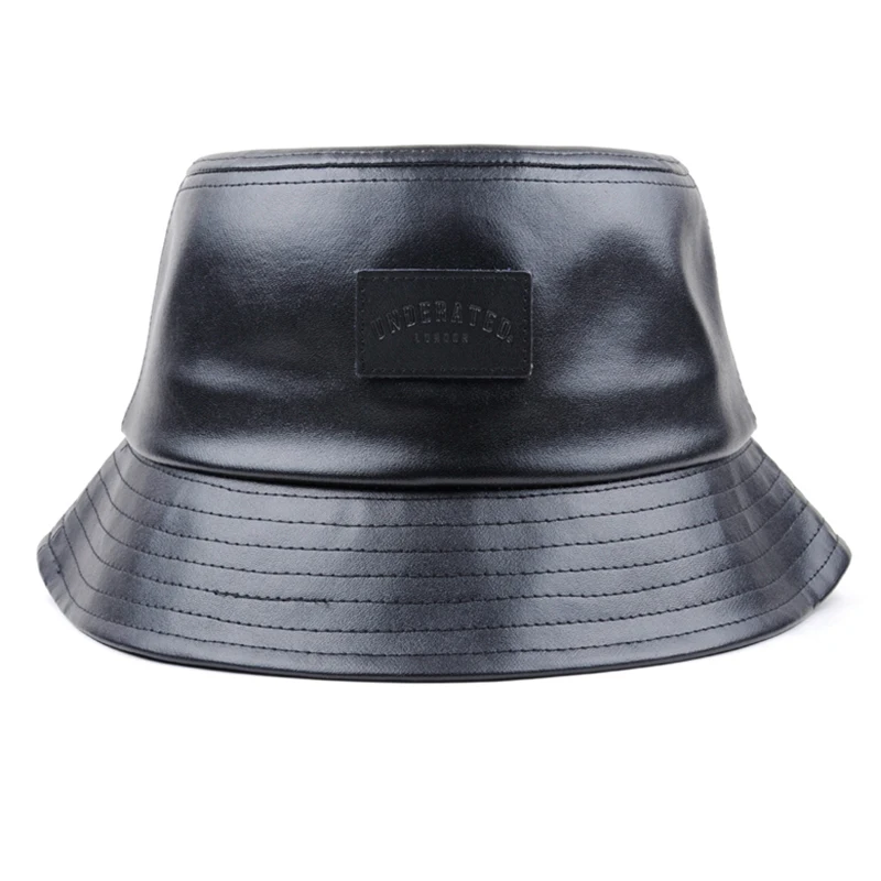 Fashion Unisex Design Fabric Pu Folding Black Leather Bucket Hat With
