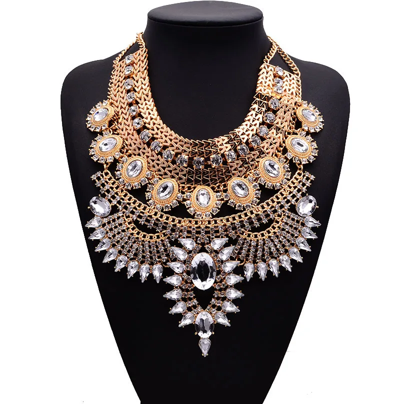 Vintage Women Crystal Choker Chunky Statement Bib Pendant Chain Necklace Jewelry