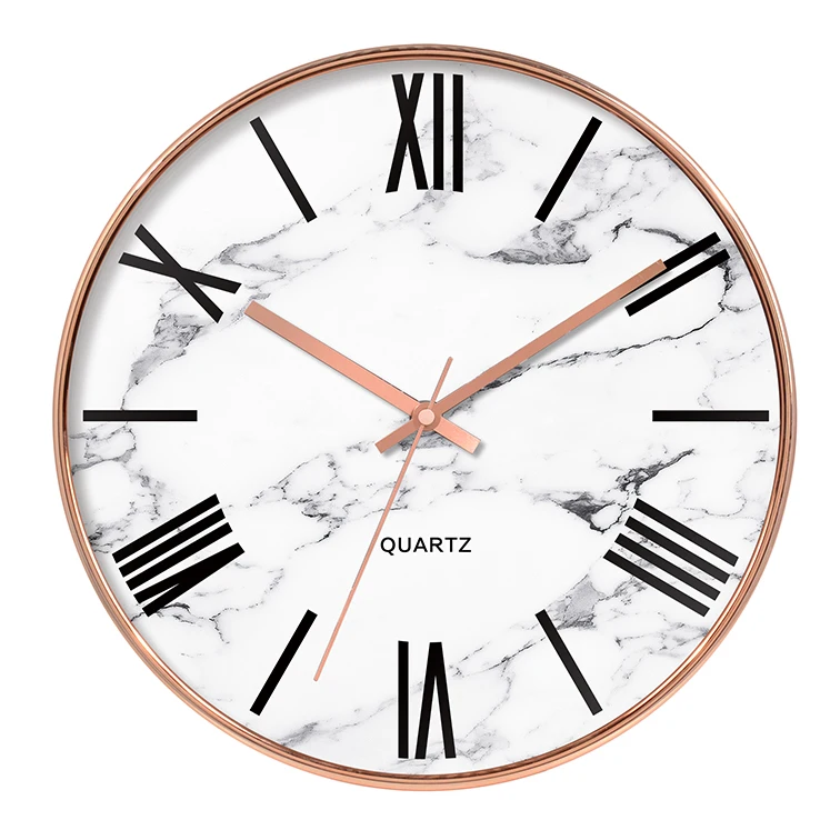 12 Inch Wall Clock Rose Gold Color Marble Designing Roman Numerals