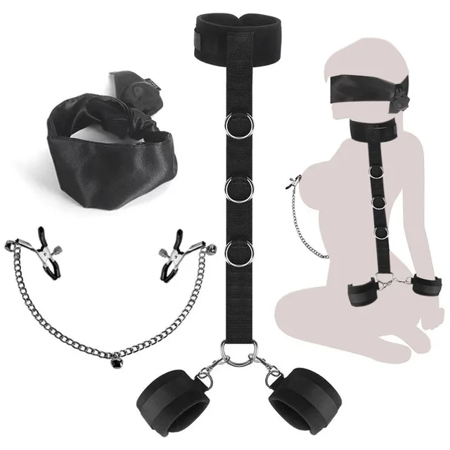 SM Fetish Adjustable Bondage Toy with Leather Neck Collar Handcuffs and Breast Clip Sex Toy for BDSM Cosplay Sex Tools