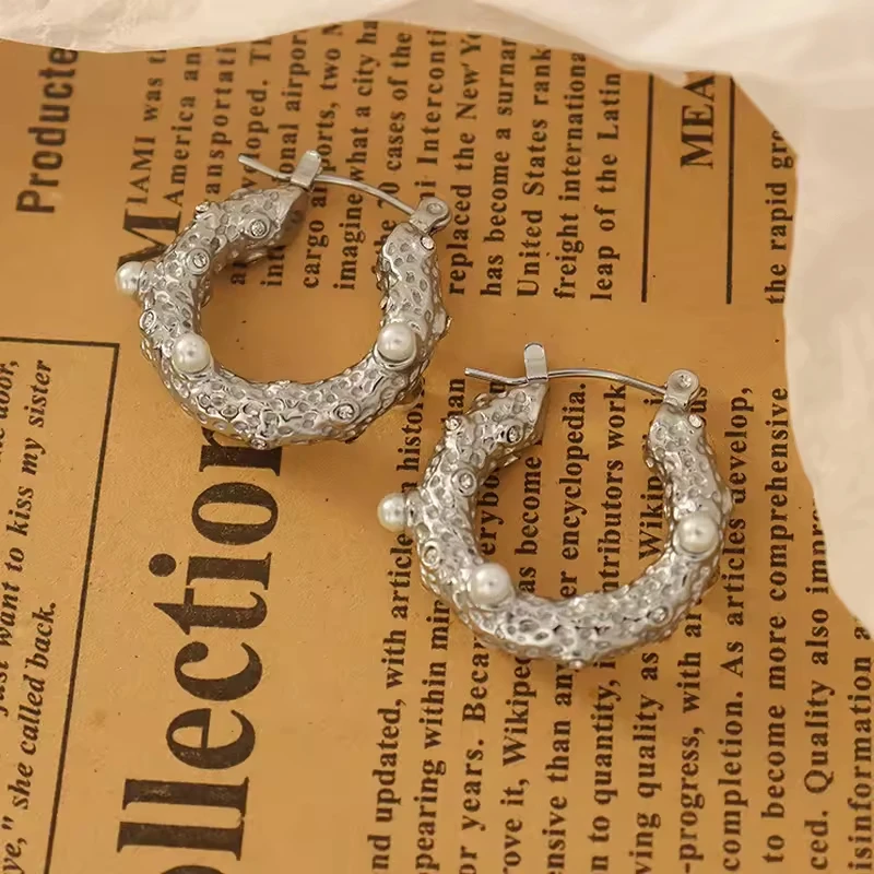 Chunky U Shape Pearl Zircon Hoop Earrings 18k Gold Plated Stainless Steel Huggie Hoop Minimalist Earrings Women  Tarnish Free