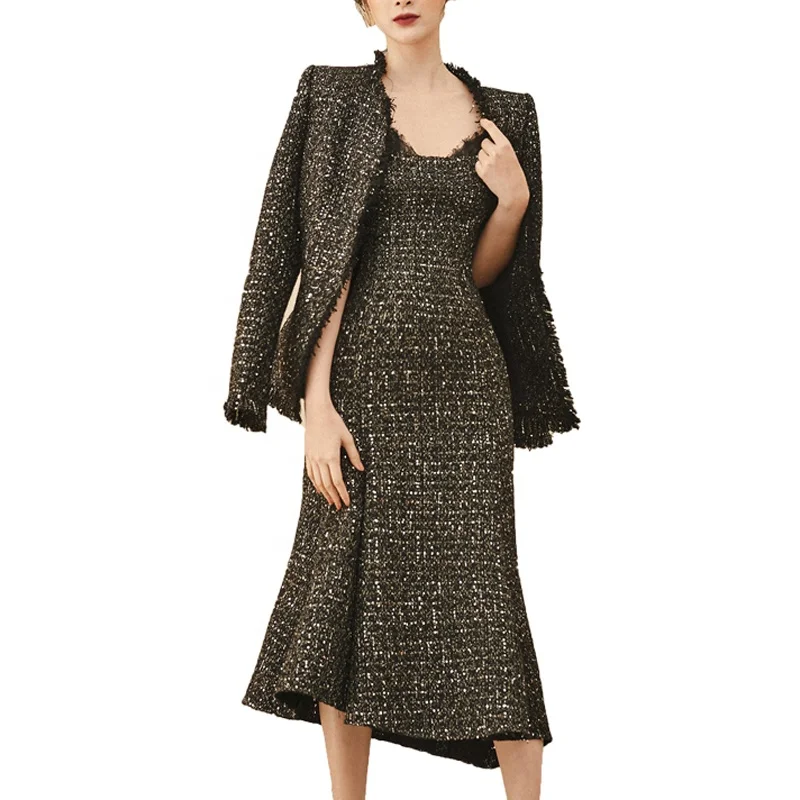 Elegant Fall Winter Slim Tweed Sling Two Pieces Set Dress