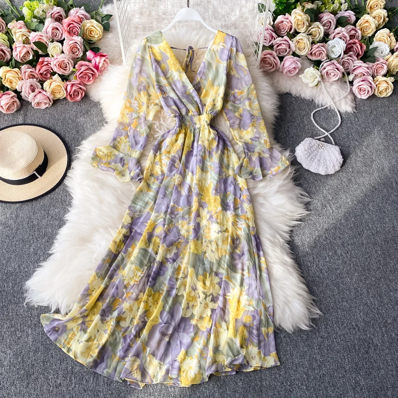 ANSZKTN New Korean Style Floral Print Long Sleeve Casual a Line V Neck  Dresses Women Lady Elegant