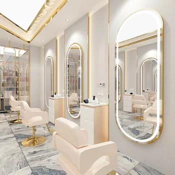 Luxury Light LED Gold Mirror Cabinet Single Side Mirror Station Hair Beauty Salon Furniture Barber Golden Station