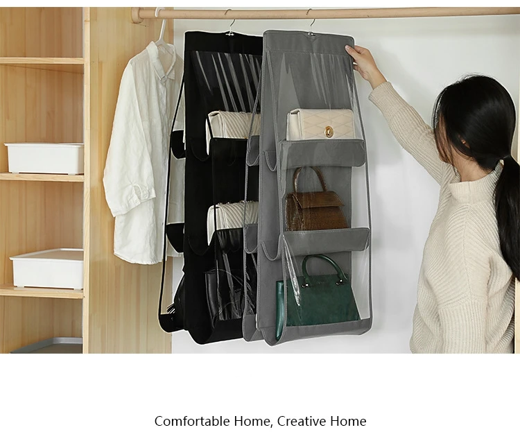 Hanging Handbag Organizer Dust-Proof Storage Holder Bag Wardrobe Closet for Purse Clutch with 6 Larger Pockets Black