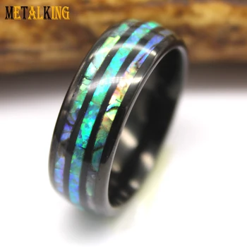 8mm Black Tungsten Carbide Ring with Green Opal and Abalone Shell Inlay Comfort Fit