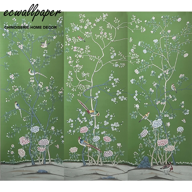 Chinoiserie Panels Chinoiserie Mural Hand Painted Wallpaper On Emerald