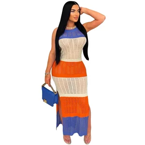 Women's Summer Maxi Dress High-Neck Sleeveless Crochet Beachwear S-XL Sizes Slit Sides with Natural Waistline Plain Dyed Stock