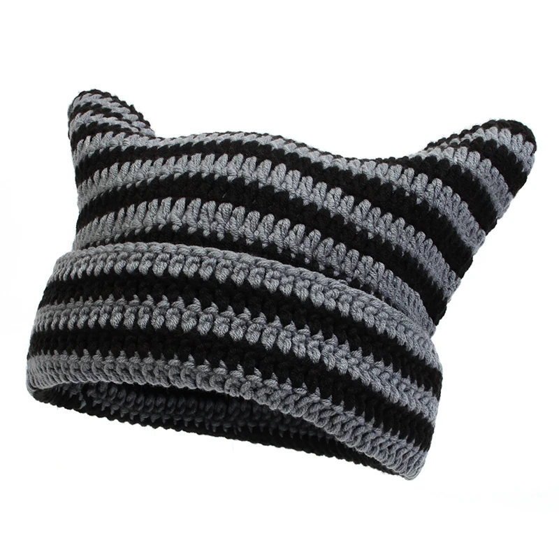 ✅日本製 vintage EVISU black beanie カモメ 刺繍 Warm Knitted Winter Hats - Cute Cat Ears & Striped Designs