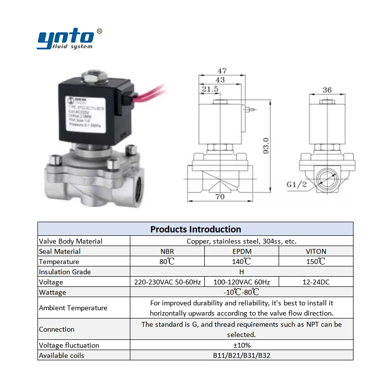 YNTO Compact Direct-acting Gas Stainless Steel Solenoid Valve 22VA 12v 15w 17w Normally Open 12v Solenoid Valve