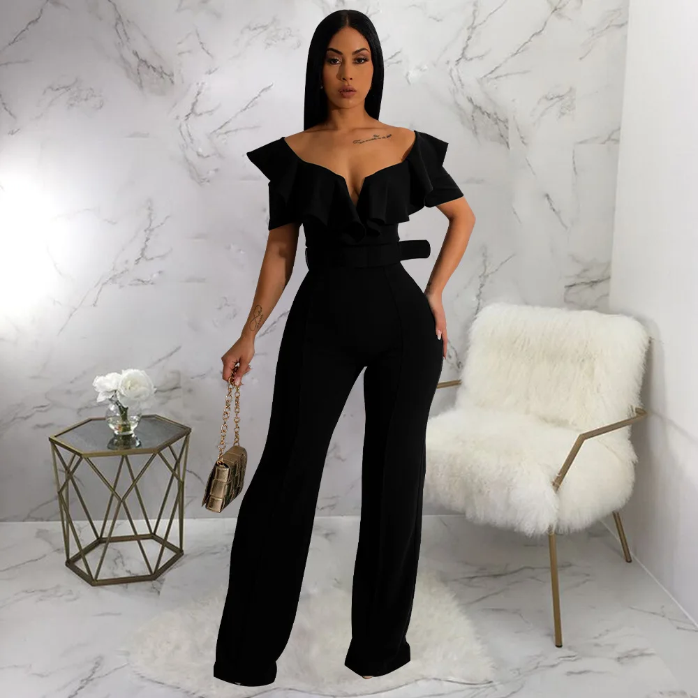 K10390 New Trendy Office Ladies Jumpsuits Short Sleeve V-neck Ruffle ...