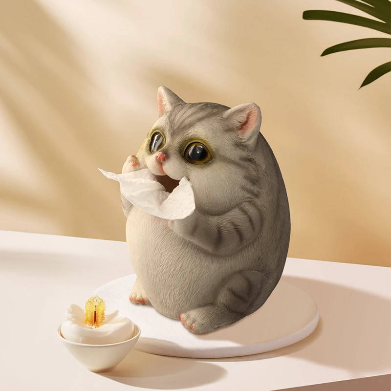 Cute Cat Tissue Box Cover Desk Statue Resin Decor Dispenser Box Case with Figurine Grey Tissue Holder Design Style