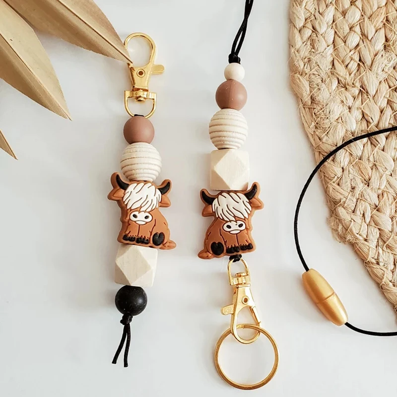 cute highland cow silicone beads keychain