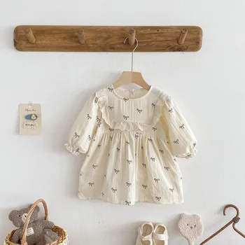 2025 New Autumn Korean Style Girls' Baby Dress O-Neck Princess Lace Dress with Floral Bow Print Sweet Kids Skirt