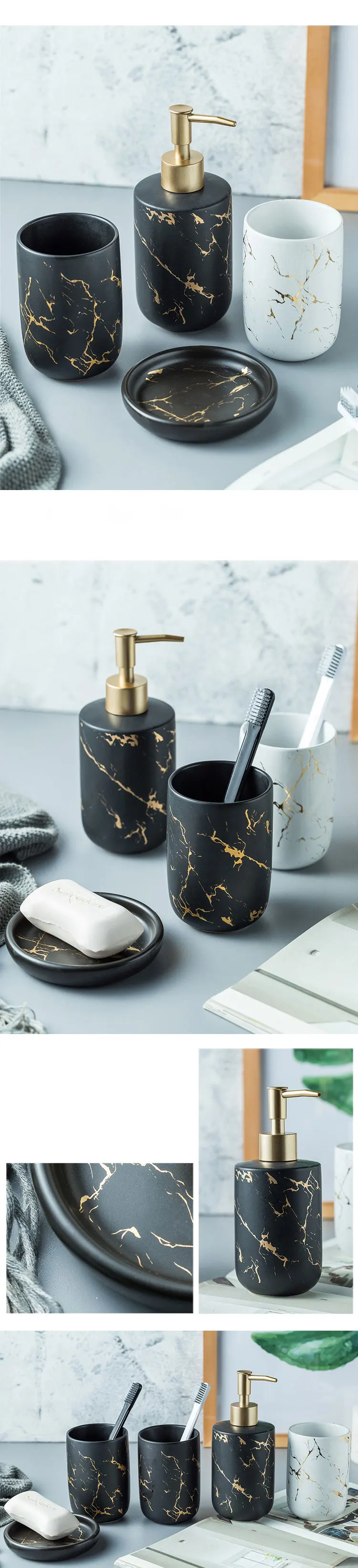 Nordic Black Marble Ceramic Bathroom Wash Set Bath Accessories Kits
