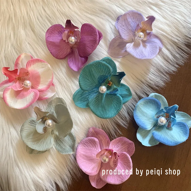 Simulated Iris Butterfly Orchid Pearl Duck Bill Clip Holiday Photography Beach Hair Accessories