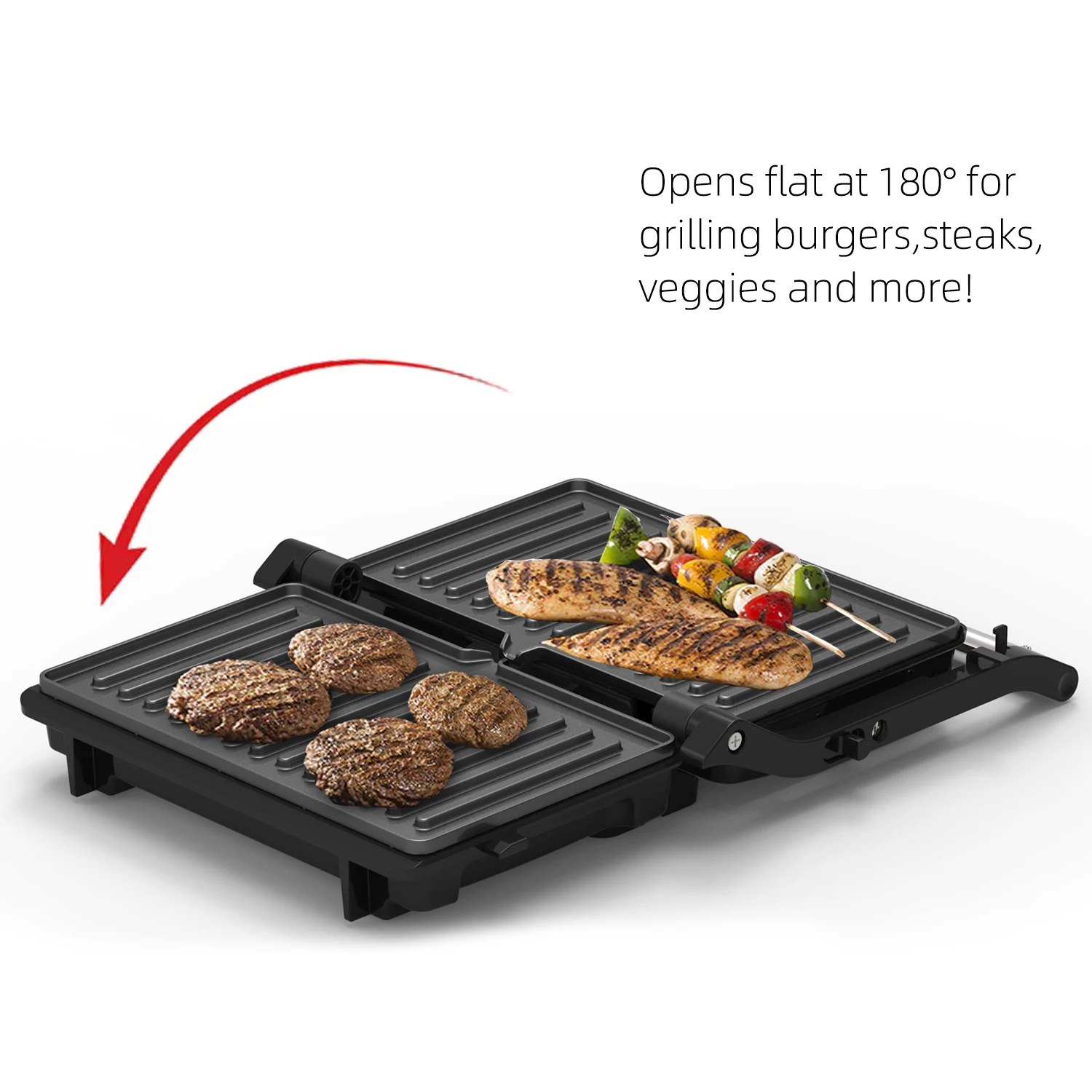 Gril électrique Kisidus 1000W – Ouvrable à 180°, Plaques Antiadhésives 23x15 Cm – Pour Sandwiches, Paninis, Viandes, Légumes – Compact Et Facile à Nettoyer