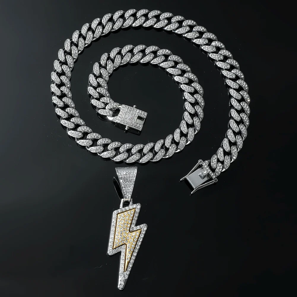 Colar cheio de diamante de liga de metal, colar masculino com pingente iluminação de hip hop