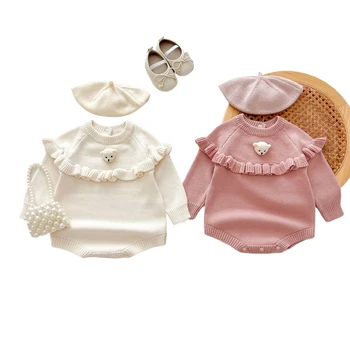 ins 2024 autumn baby romper knitted sweater princess style three-dimensional bear bag fart clothing baby girls jumpsuit