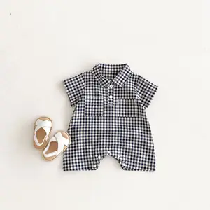 New Boys Summer 100% Cotton Polo Plaid Short Sleeve Button Closure Jumpsuit Baby First Birthday Outfit Turn-Down Collar Romper