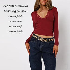 Factory Oem High Quality Women's Crop Top Tshirts Custom Lace v Neck Women Solid Color Long Sleeve Slim Fit Basic t Shirt